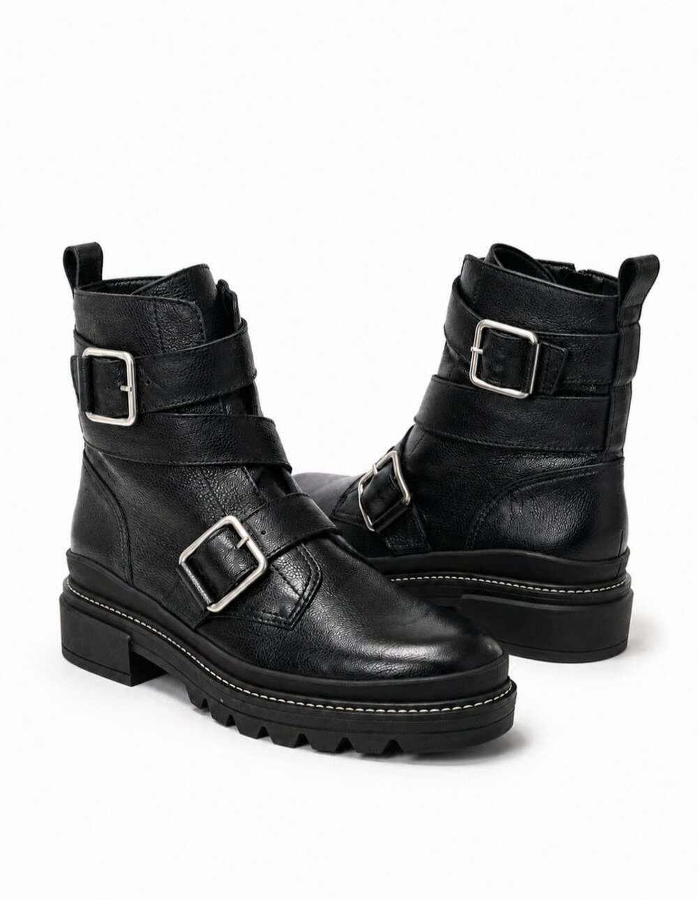 Bernardo Durban Womens 8.5 Black Leather Moto Boots Buckle Lug Anthropologie